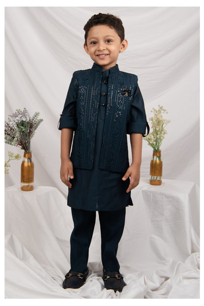 Silk Blend Woven Full Sleeves Pack of 4 Solid Kurta Pyjama With Sequin Embroidered Open Jacket and Brooch Pin Ethnic Set- Blue