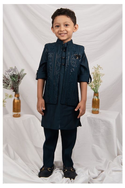 Silk Blend Woven Full Sleeves Pack of 4 Solid Kurta Pyjama With Sequin Embroidered Open Jacket and Brooch Pin Ethnic Set- Blue