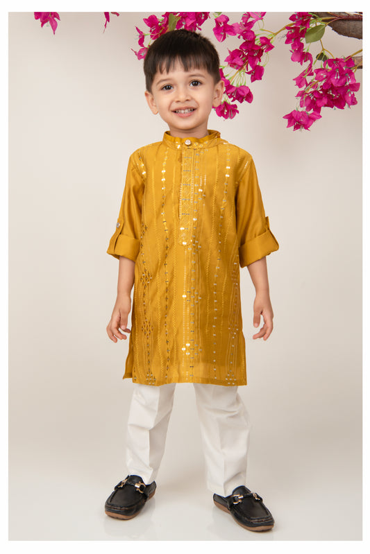 Silk Blended Woven Full Sleeves Pack of 2 Solid Embellished Kurta Pajama Ethnic Set- Mustard