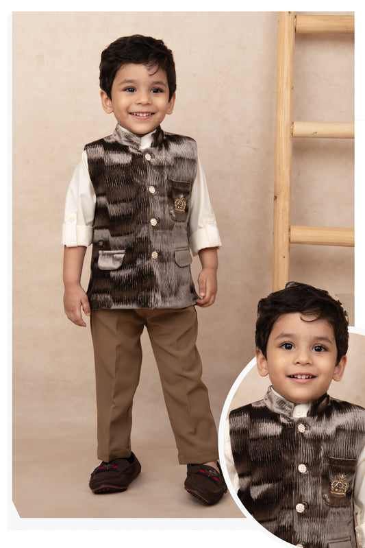 Blended Self Design Jaquard Full Sleeves Nehru Jacket Pant, Shirt with Embellished Pocket Partywear Set-  Coffee