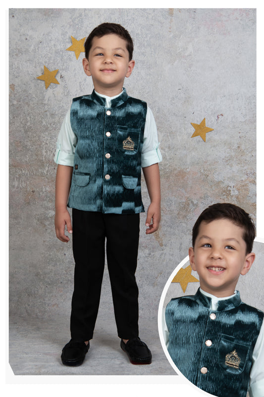 Blended Self Design Jaquard Full Sleeves Nehru Jacket Pant, Shirt with Embellished Pocket Partywear Set-  Green