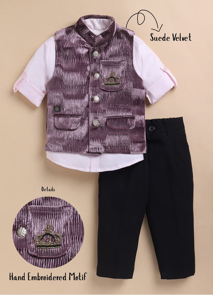 Blended Self Design Jaquard Full Sleeves Nehru Jacket Pant, Shirt with Embellished Pocket Partywear Set-  Burgundy