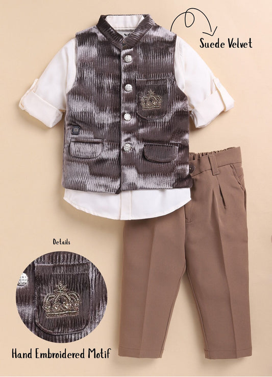 Blended Self Design Jaquard Full Sleeves Nehru Jacket Pant, Shirt with Embellished Pocket Partywear Set-  Coffee