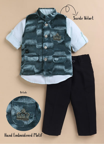 Blended Self Design Jaquard Full Sleeves Nehru Jacket Pant, Shirt with Embellished Pocket Partywear Set-  Green