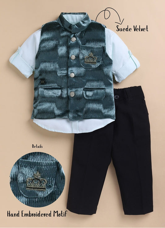 Blended Self Design Jaquard Full Sleeves Nehru Jacket Pant, Shirt with Embellished Pocket Partywear Set-  Green