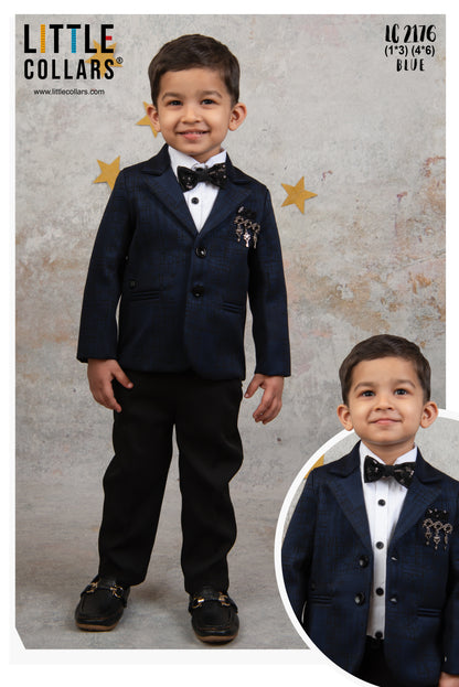 Blended Jaquard Woven Full Sleeves Coat Pant with Tuxedo Shirt, Bow and Brooch Pin Formal Coat Set- Blue