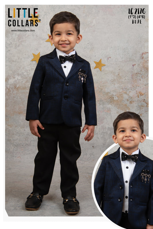 Blended Jaquard Woven Full Sleeves Coat Pant with Tuxedo Shirt, Bow and Brooch Pin Formal Coat Set- Blue