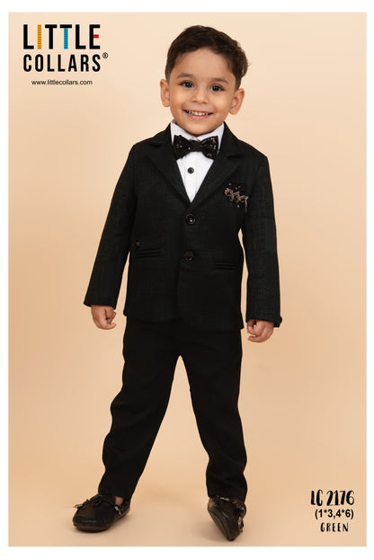 Blended Jaquard Woven Full Sleeves Coat Pant with Tuxedo Shirt, Bow and Brooch Pin Formal Coat Set- Olive