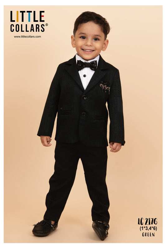 Blended Jaquard Woven Full Sleeves Coat Pant with Tuxedo Shirt, Bow and Brooch Pin Formal Coat Set- Olive