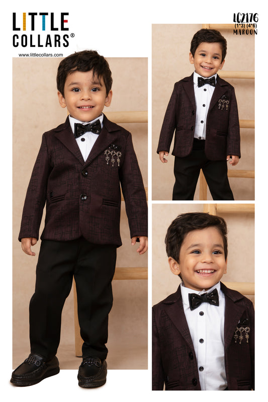 Blended Jaquard Woven Full Sleeves Coat Pant with Tuxedo Shirt, Bow and Brooch Pin Formal Coat Set- Maroon