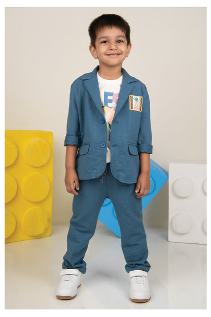 Blended Cotton Knitted Cloth Woven Full Sleeves Solid Coat Pant with Printed T-shirt Coat Coord Set- Blue