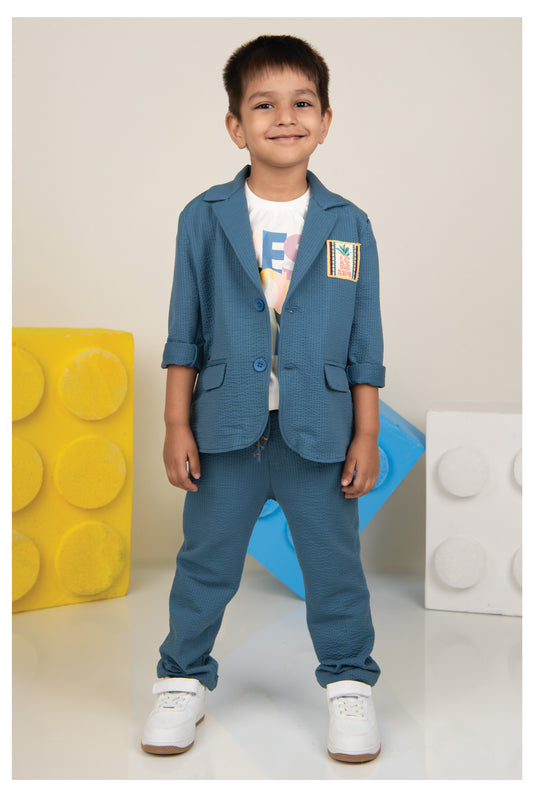 Blended Cotton Knitted Cloth Woven Full Sleeves Solid Coat Pant with Printed T-shirt Coat Coord Set- Blue