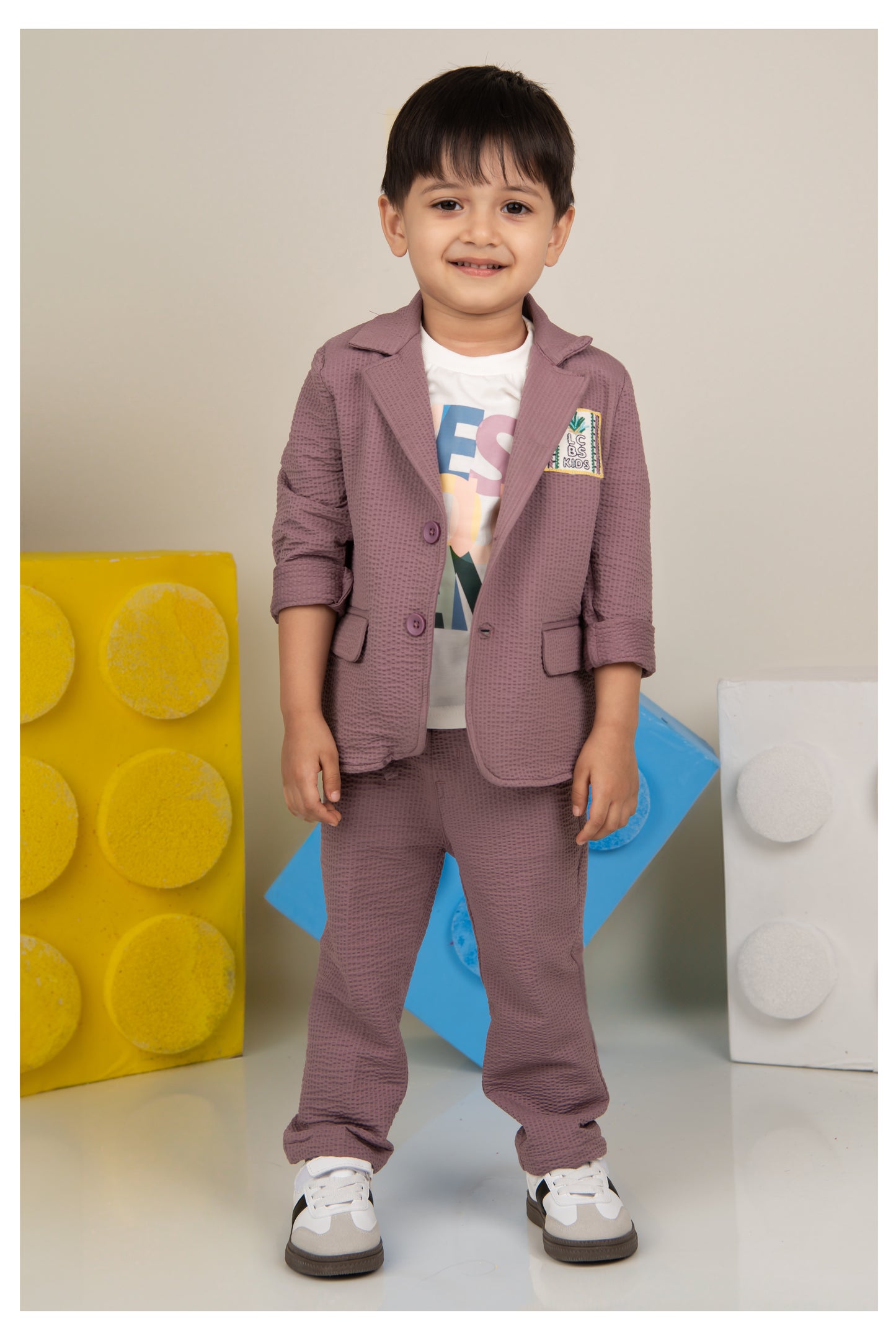 Blended Cotton Knitted Cloth Woven Full Sleeves Solid Coat Pant with Printed T-shirt Coat Coord Set- Lavender