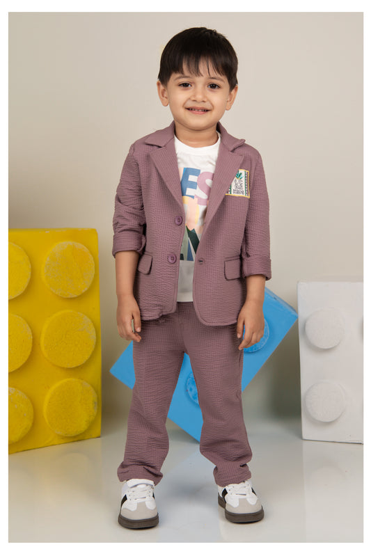 Blended Cotton Knitted Cloth Woven Full Sleeves Solid Coat Pant with Printed T-shirt Coat Coord Set- Lavender