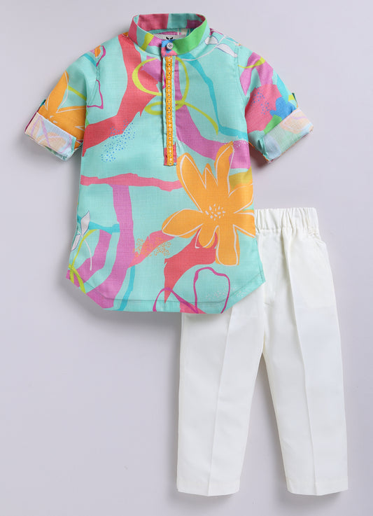 Blended Cotton Woven Bright Printed  Full Sleeves Kurta Pajama Ethnic Set- Green