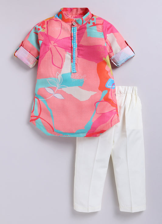 Blended Cotton Woven Bright Printed  Full Sleeves Kurta Pajama Ethnic Set- Peach
