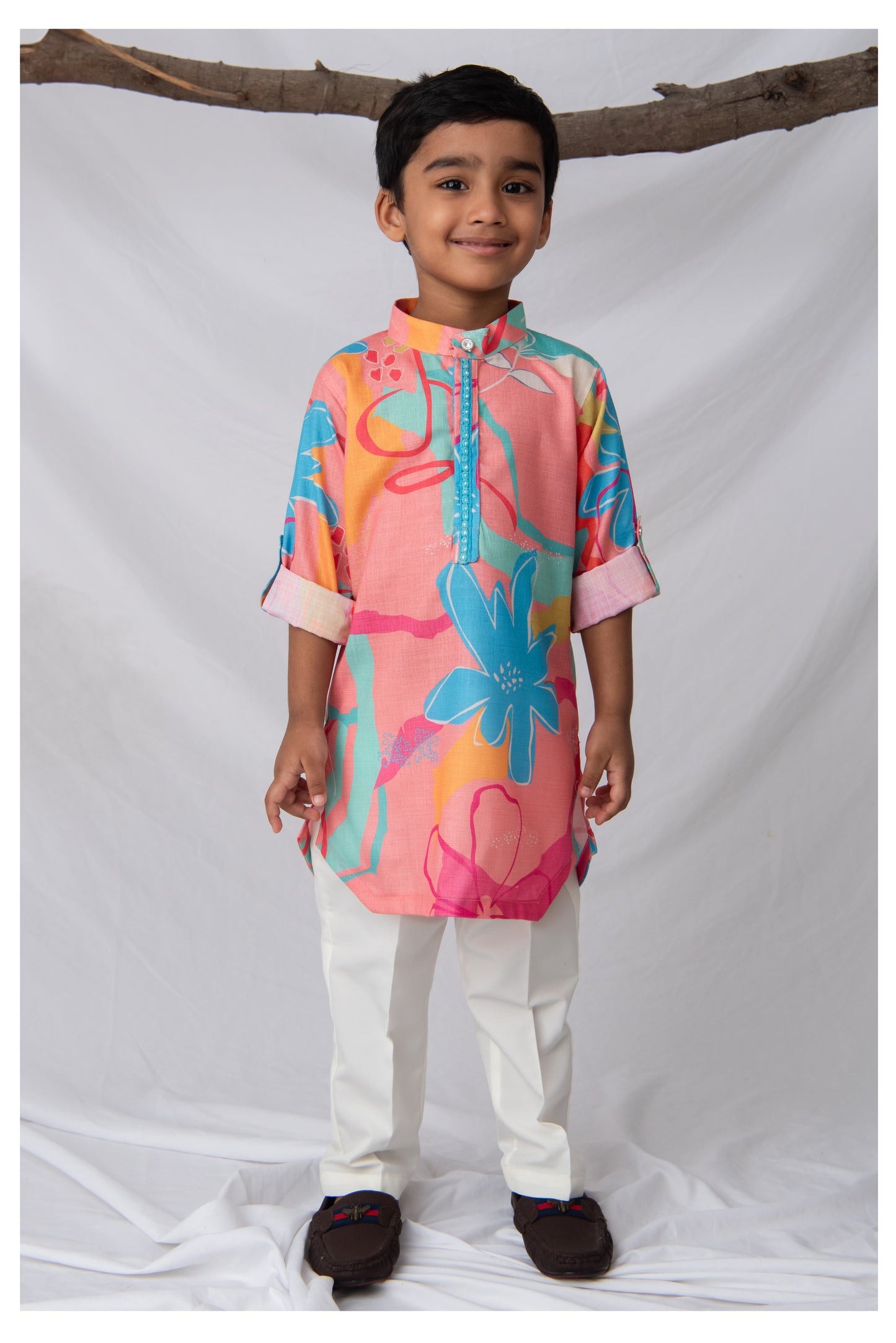 Blended Cotton Woven Bright Printed  Full Sleeves Kurta Pajama Ethnic Set- Peach