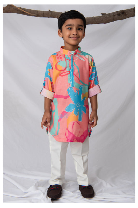 Blended Cotton Woven Bright Printed  Full Sleeves Kurta Pajama Ethnic Set- Peach