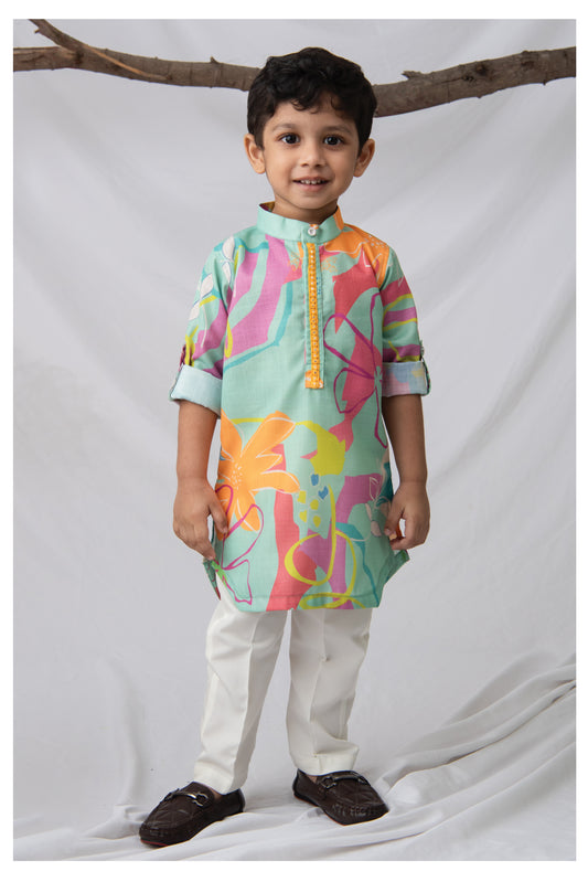 Blended Cotton Woven Bright Printed  Full Sleeves Kurta Pajama Ethnic Set- Green