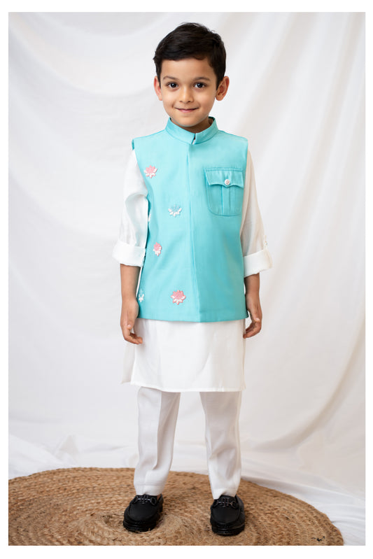 Boys Blended Silk Motif Embellished Wedding Special Super Cute Nehru Jacket, Kurta, Pajama Ethnic Set- Green