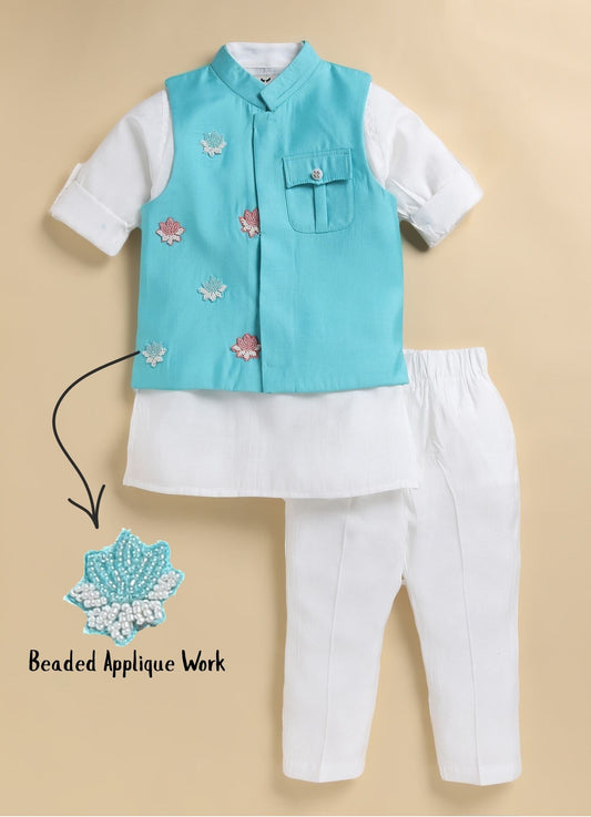 Boys Blended Silk Motif Embellished Wedding Special Super Cute Nehru Jacket, Kurta, Pajama Ethnic Set- Green