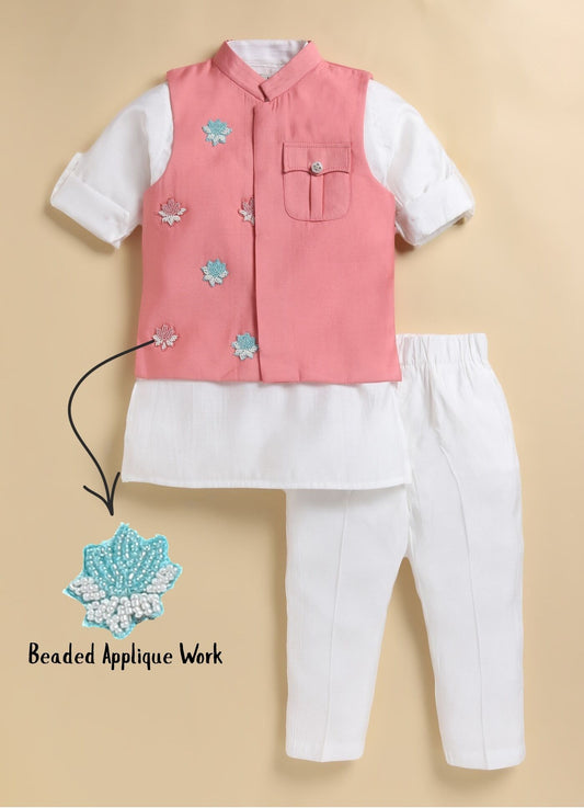 Boys Blended Silk Motif Embellished Wedding Special Super Cute Nehru Jacket, Kurta, Pajama Ethnic Set- Pink