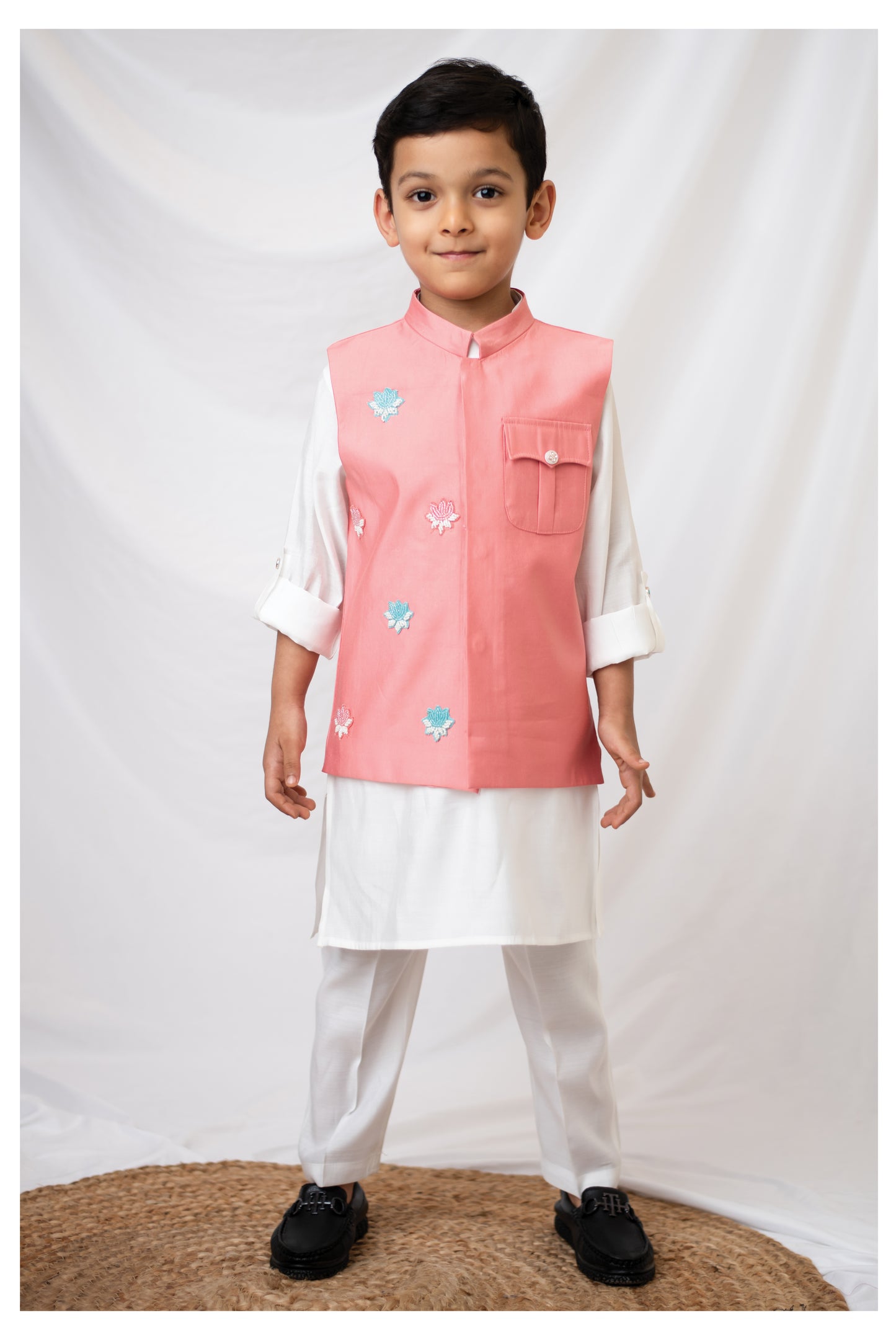 Boys Blended Silk Motif Embellished Wedding Special Super Cute Nehru Jacket, Kurta, Pajama Ethnic Set- Pink