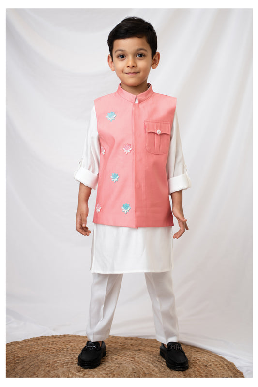 Boys Blended Silk Motif Embellished Wedding Special Super Cute Nehru Jacket, Kurta, Pajama Ethnic Set- Pink