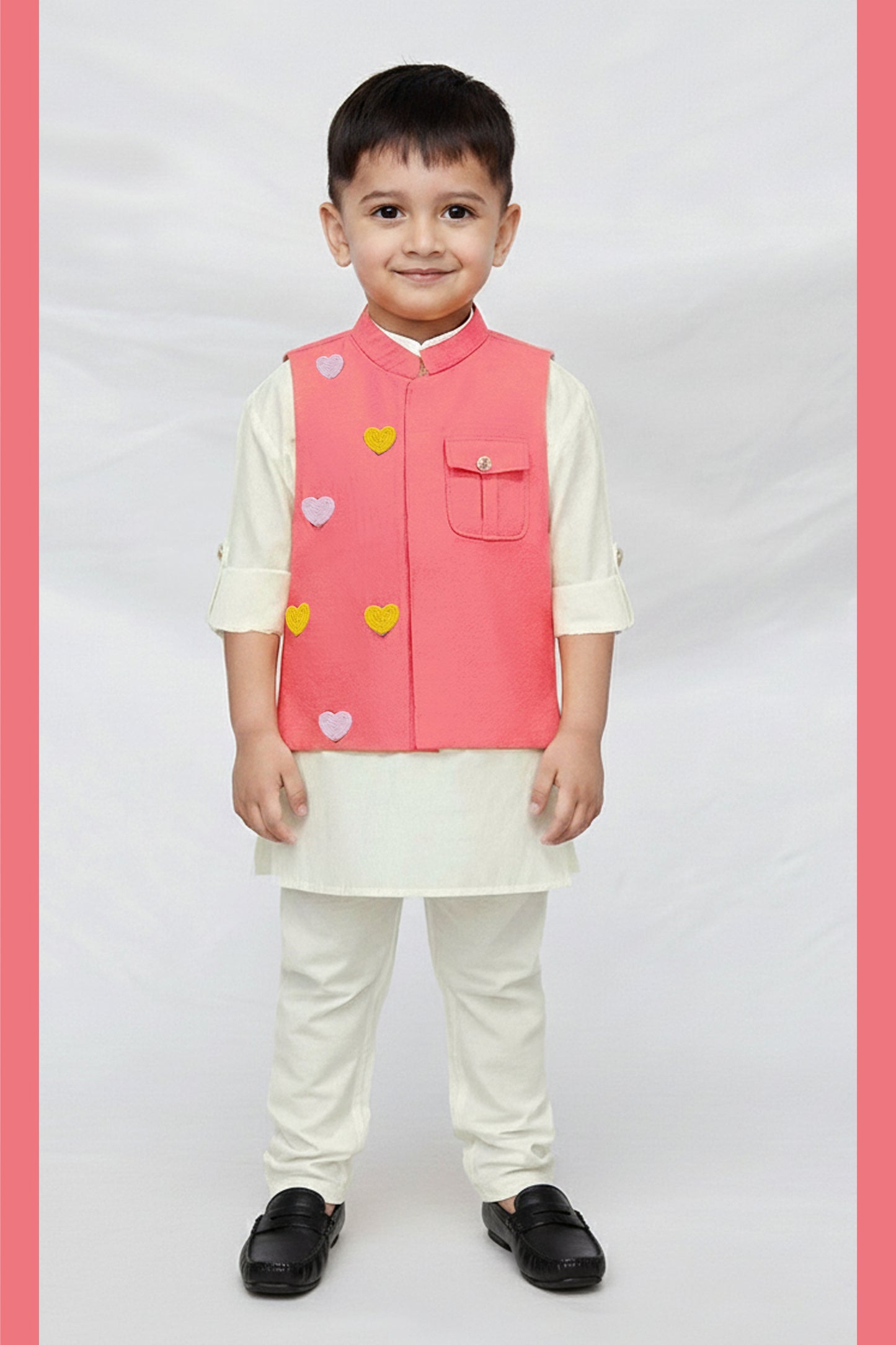 Boys Blended Silk Heart Embellished Wedding Special Super Cute Nehru Jacket, Kurta, Pajama Ethnic Set-  Pink