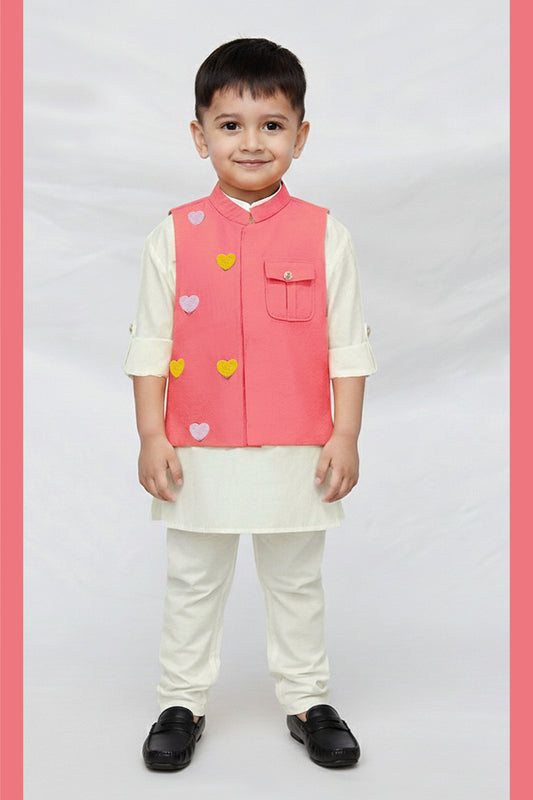 Boys Blended Silk Heart Embellished Wedding Special Super Cute Nehru Jacket, Kurta, Pajama Ethnic Set-  Pink
