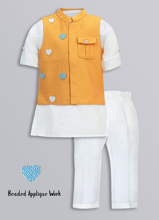 Boys Blended Silk Heart Embellished Wedding Special Super Cute Nehru Jacket, Kurta, Pajama Ethnic Set-  Mustard