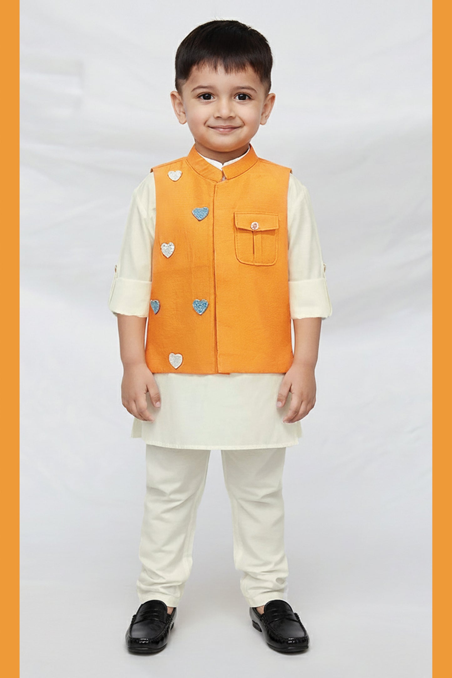 Boys Blended Silk Heart Embellished Wedding Special Super Cute Nehru Jacket, Kurta, Pajama Ethnic Set-  Mustard