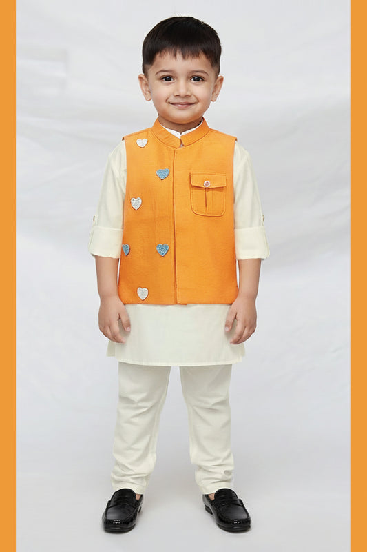 Boys Blended Silk Heart Embellished Wedding Special Super Cute Nehru Jacket, Kurta, Pajama Ethnic Set-  Mustard