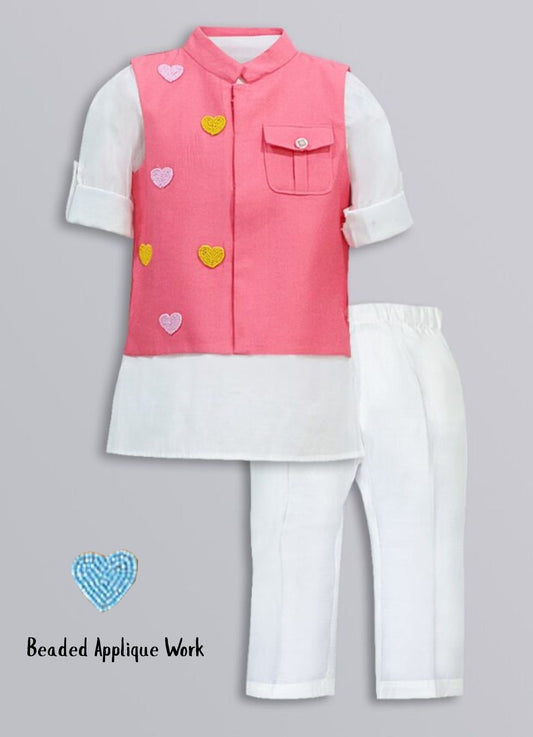 Boys Blended Silk Heart Embellished Wedding Special Super Cute Nehru Jacket, Kurta, Pajama Ethnic Set-  Pink