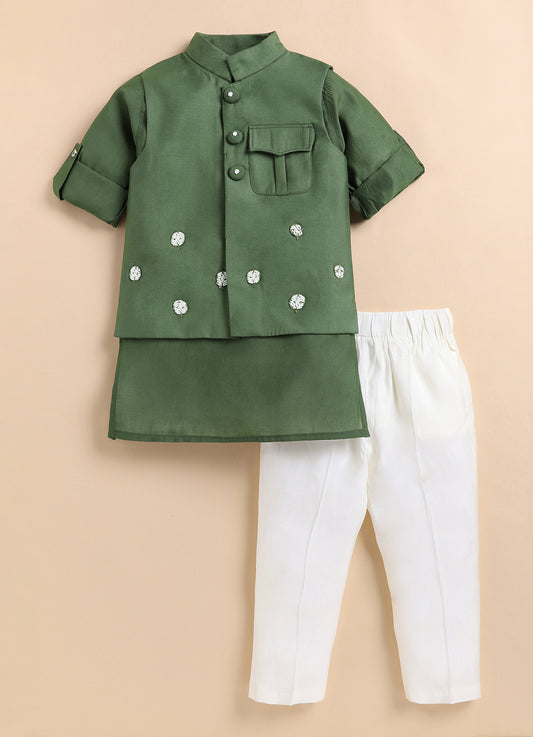 Boys Silk Blend Fabric Beadwork Embroidered Nehru Jacket, Full Sleeve Kurta and Pajama Ethnic Set -Green
