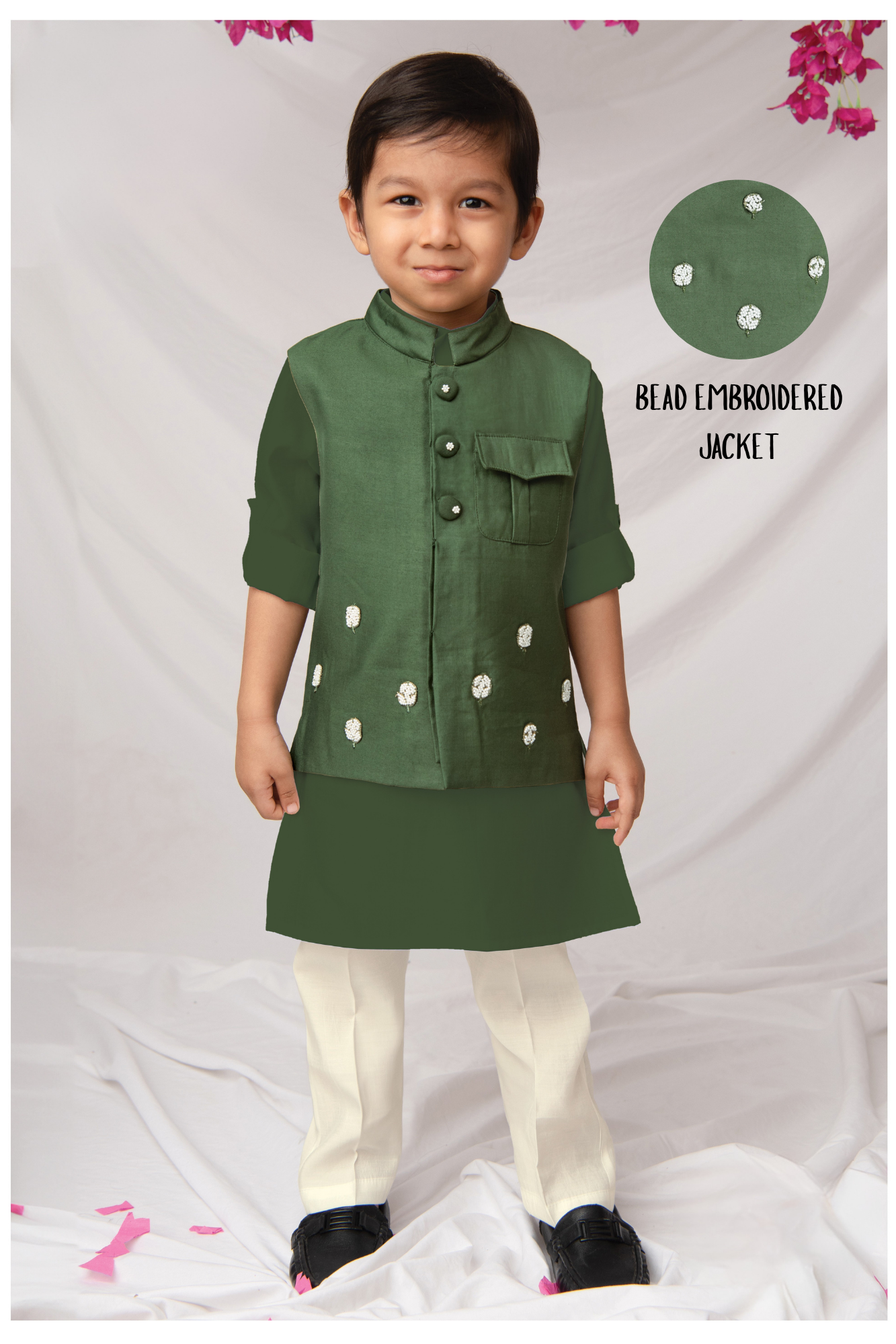 Boys Silk Blend Fabric Beadwork Embroidered Nehru Jacket, Full Sleeve Kurta and Pajama Ethnic Set -Green