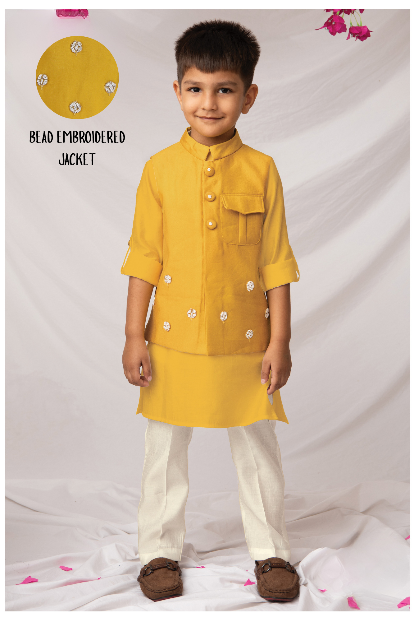 Boys Silk Blend Fabric Beadwork Embroidered Nehru Jacket, Full Sleeve Kurta and Pajama  Ethnic Set - Yellow