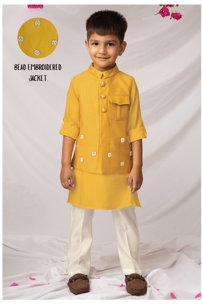 Boys Silk Blend Fabric Beadwork Embroidered Nehru Jacket, Full Sleeve Kurta and Pajama  Ethnic Set - Yellow