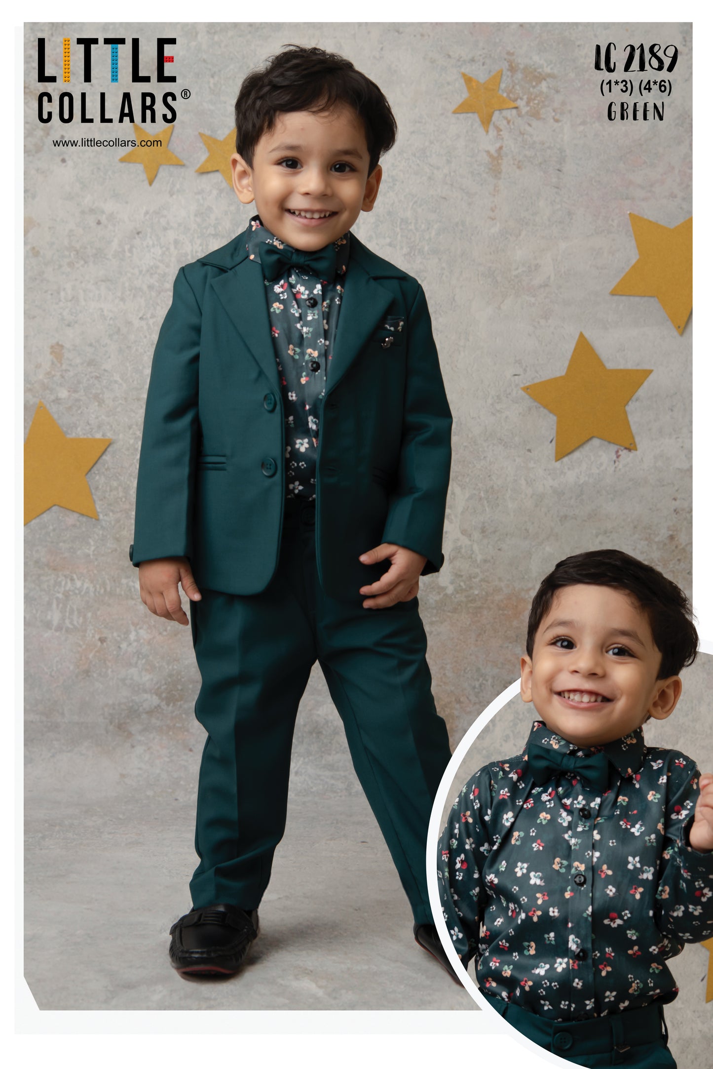 Blended Terry Woven Full Sleeves Solid Coat Pant with Printed Shirt, Bow and Brooch Pin Formal Coat Co-ord Set- Green