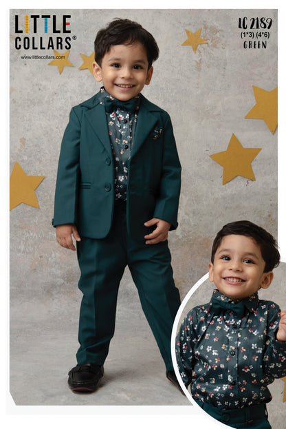 Blended Terry Woven Full Sleeves Solid Coat Pant with Printed Shirt, Bow and Brooch Pin Formal Coat Co-ord Set- Green