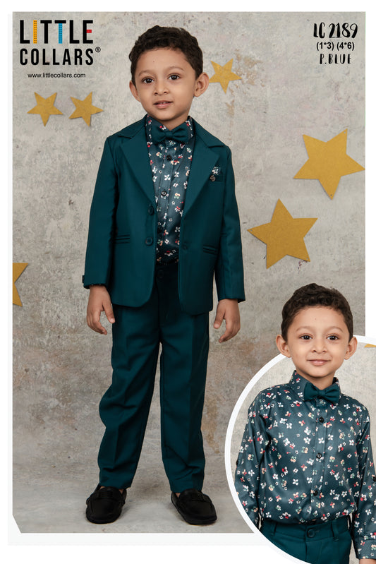 Blended Terry Woven Full Sleeves Solid Coat Pant with Printed Shirt, Bow and Brooch Pin Formal Coat Co-ord Set- P. blue