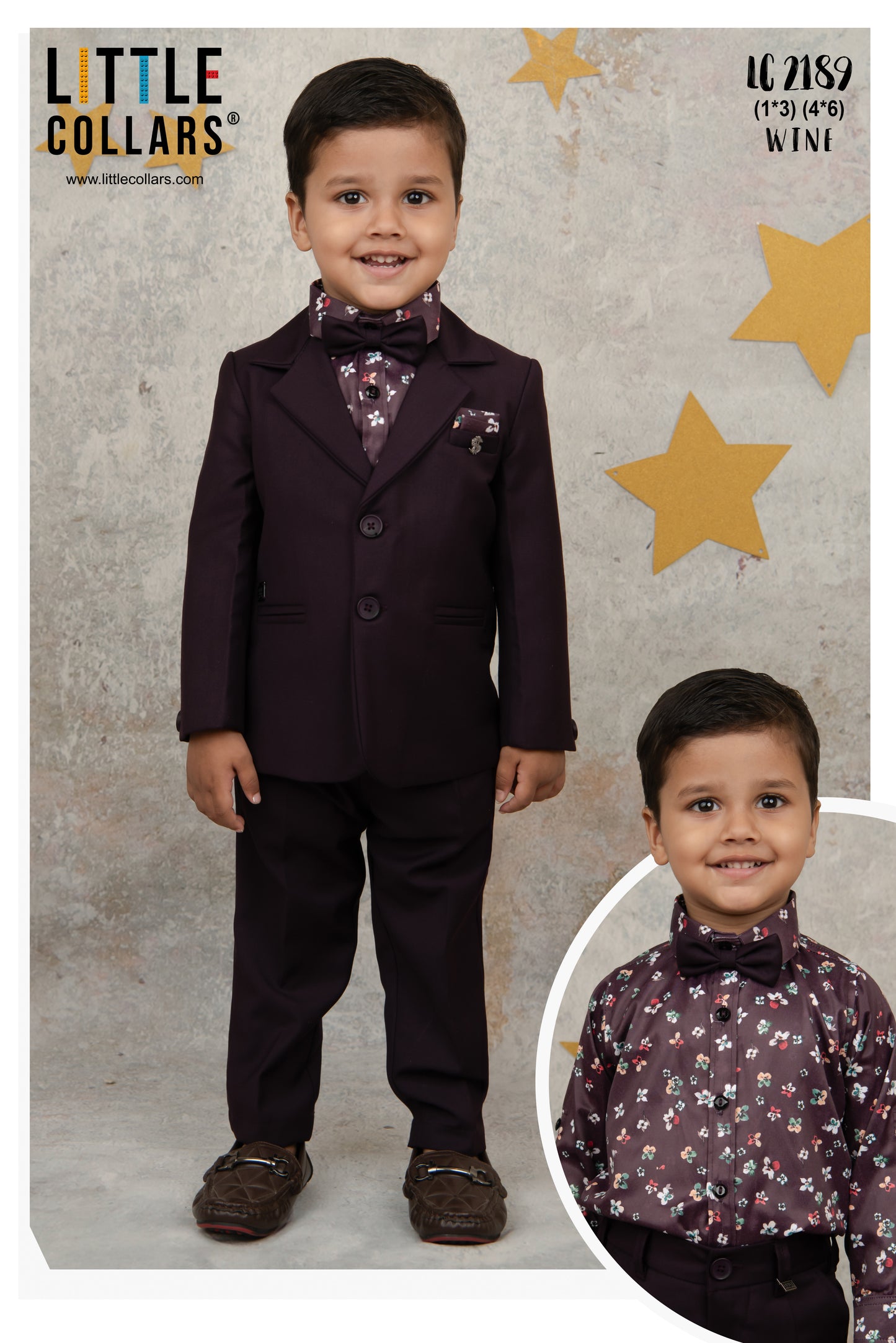 Blended Terry Woven Full Sleeves Solid Coat Pant with Printed Shirt, Bow and Brooch Pin Formal Coat Co-ord Set- Wine