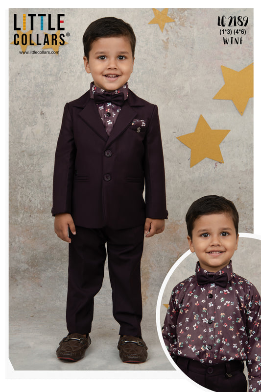 Blended Terry Woven Full Sleeves Solid Coat Pant with Printed Shirt, Bow and Brooch Pin Formal Coat Co-ord Set- Wine