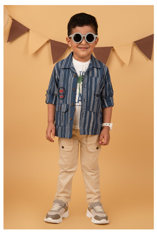 Cotton Woven Full Sleeves Stripes Shacket with Embroidery Printed T-shirt and Pants Casual Set-Blue