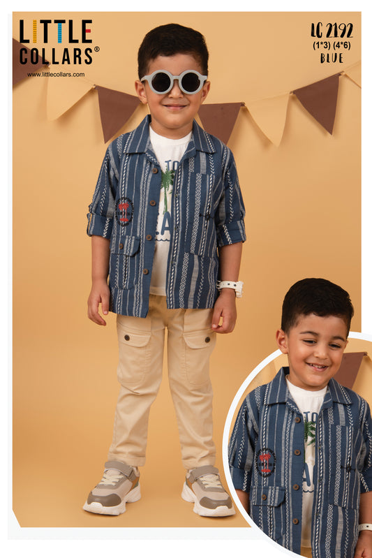 Little Collars Cotton Woven Full Sleeves Stripes Shacket with Embroidery Printed Tshirt and Pants Casual Set-Blue