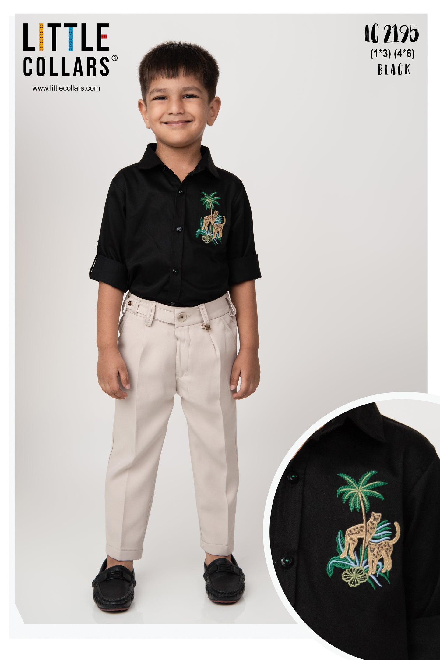 Blended Cotton Satin Solid Woven Full Sleeves Animal Embroidered Shirt Pant Set- Black