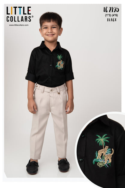 Blended Cotton Satin Solid Woven Full Sleeves Animal Embroidered Shirt Pant Set- Black
