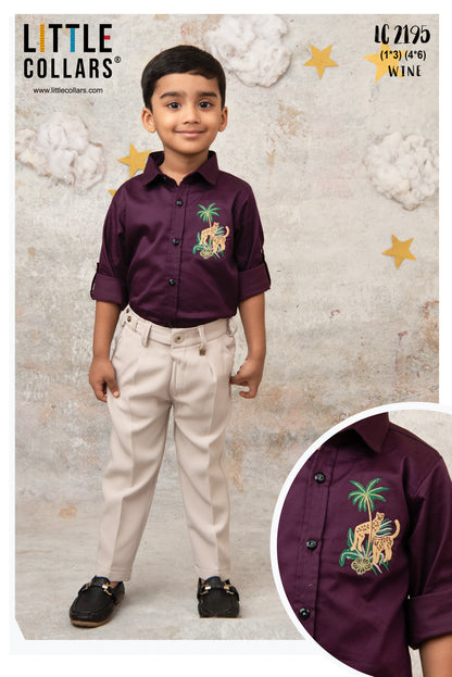 Blended Cotton Satin Solid Woven Full Sleeves Animal Embroidered Shirt Pant Set- Wine