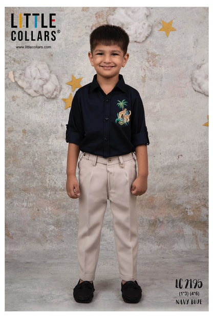 Blended Cotton Satin Solid Woven Full Sleeves Animal Embroidered Shirt Pant Set- Navy