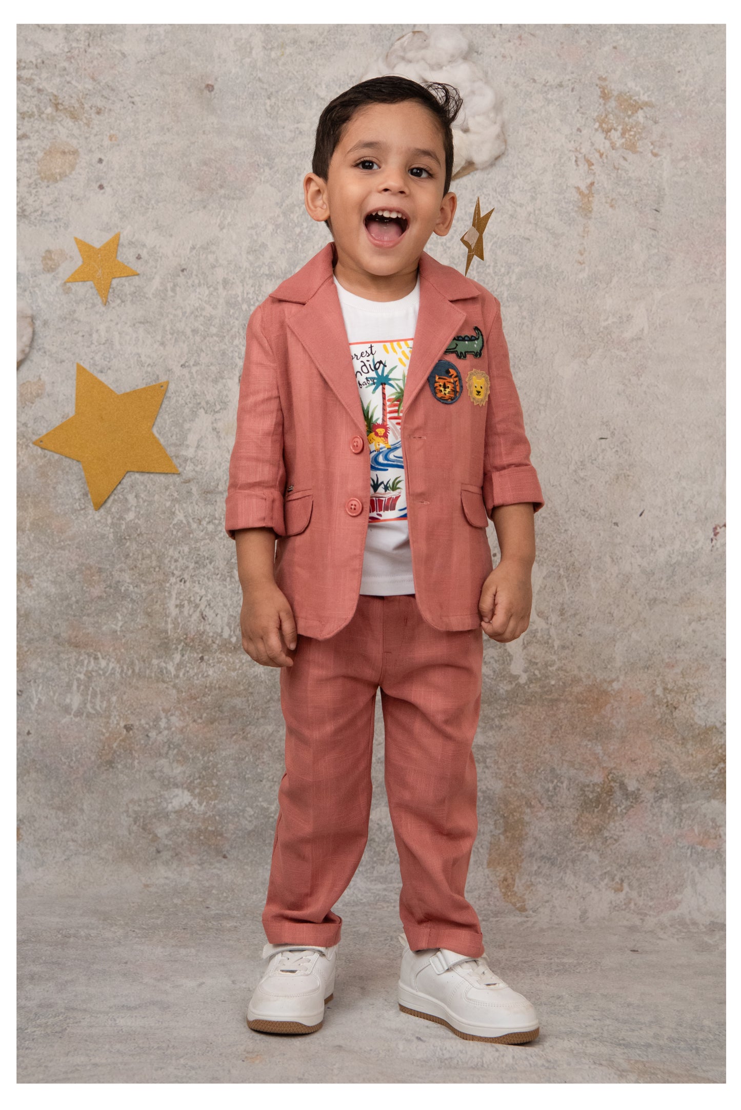 Boys Cotton Blazer with Animal Patches, Forest T shirt, Trouser Coat Coord Set - Peach